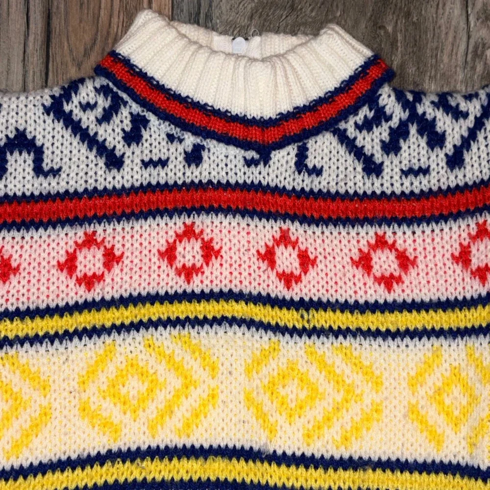 Vintage Toddler Fair Isle Geometric Knit Mock Neck Zip Back Sweater Multi-Color